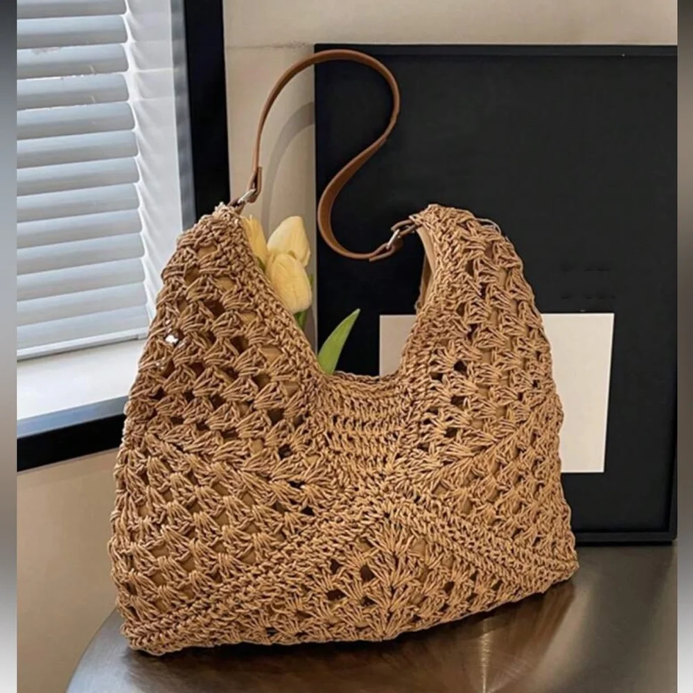 Elegant Tan Woven Tote Bag
